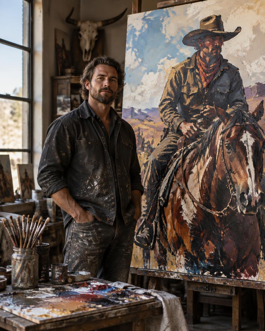 Yost standing beside a painting in the studio