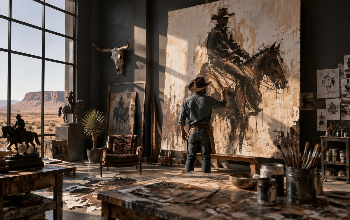 Yost working on a western painting in the studio